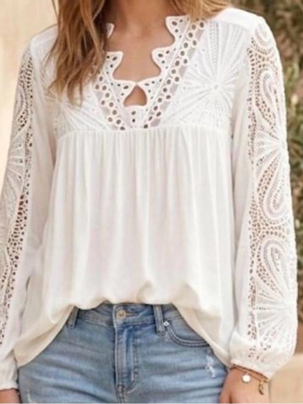 Cactus + Pearl white lace-embellished blouse or tunic featuring eyelet NWOT